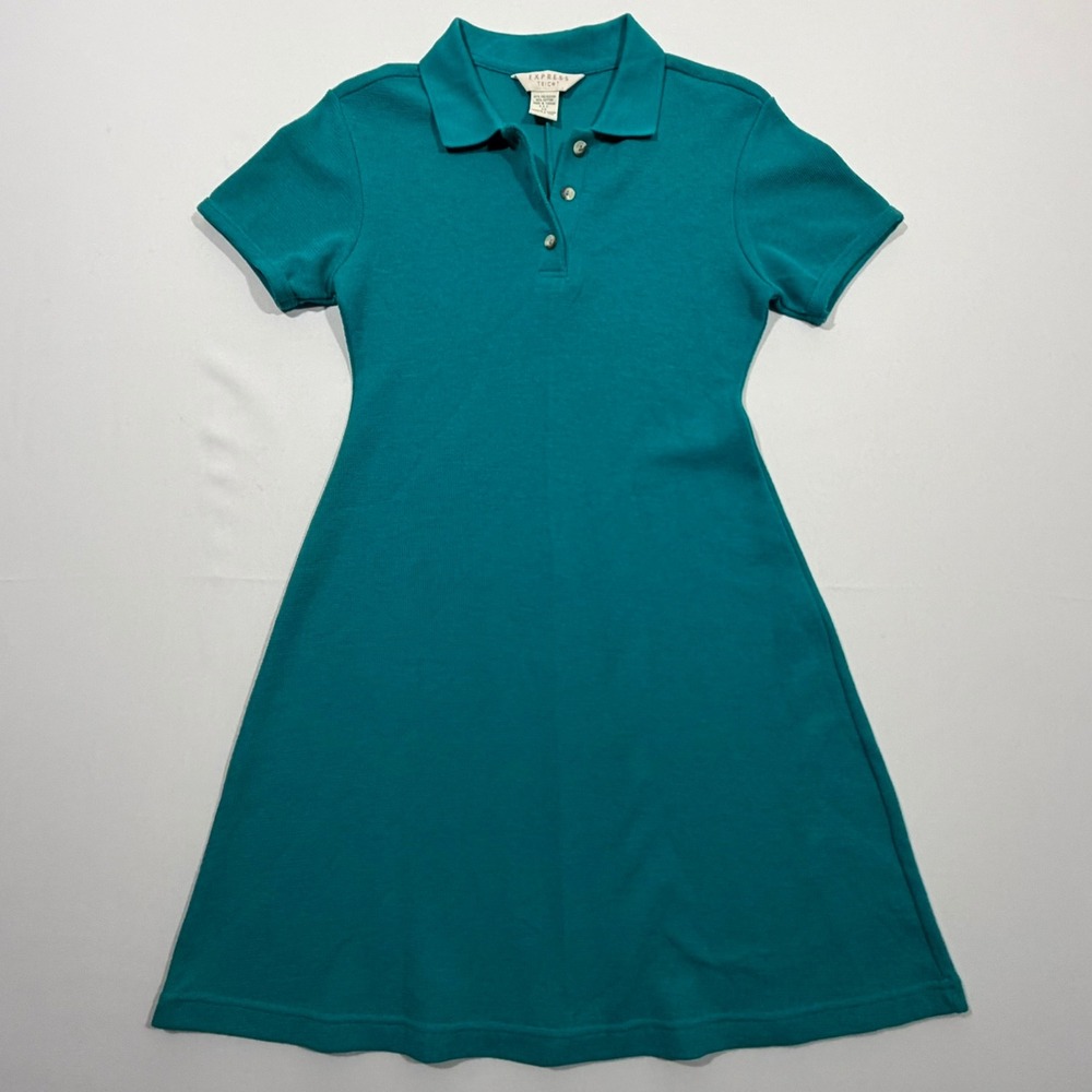 Vtg 90s Express Tricot Polo Dress Womens XS Teal Knit Mini Indie Preppy Sporty
